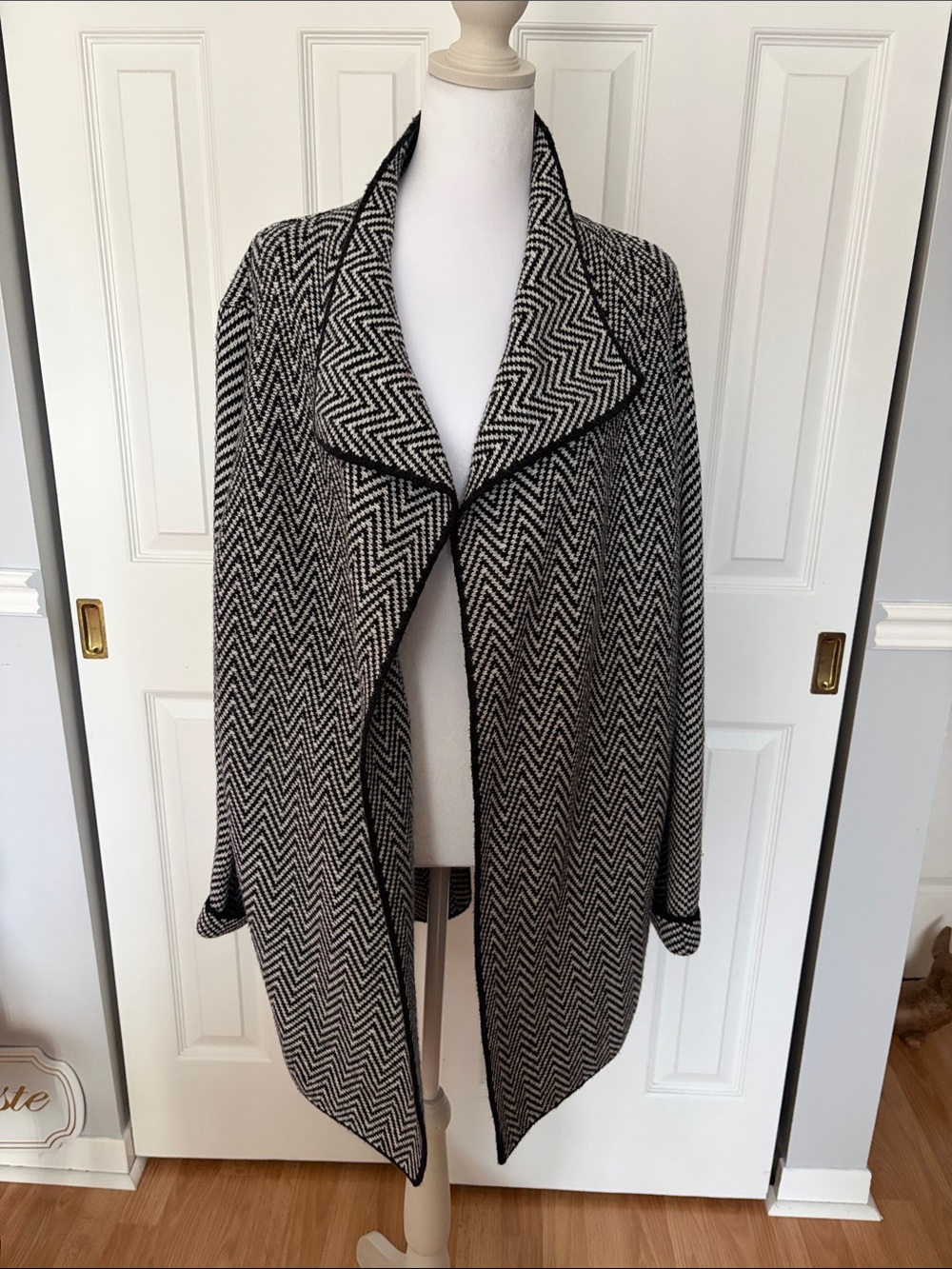 Talbots Black & White Herringbone Open-Front Cardigan